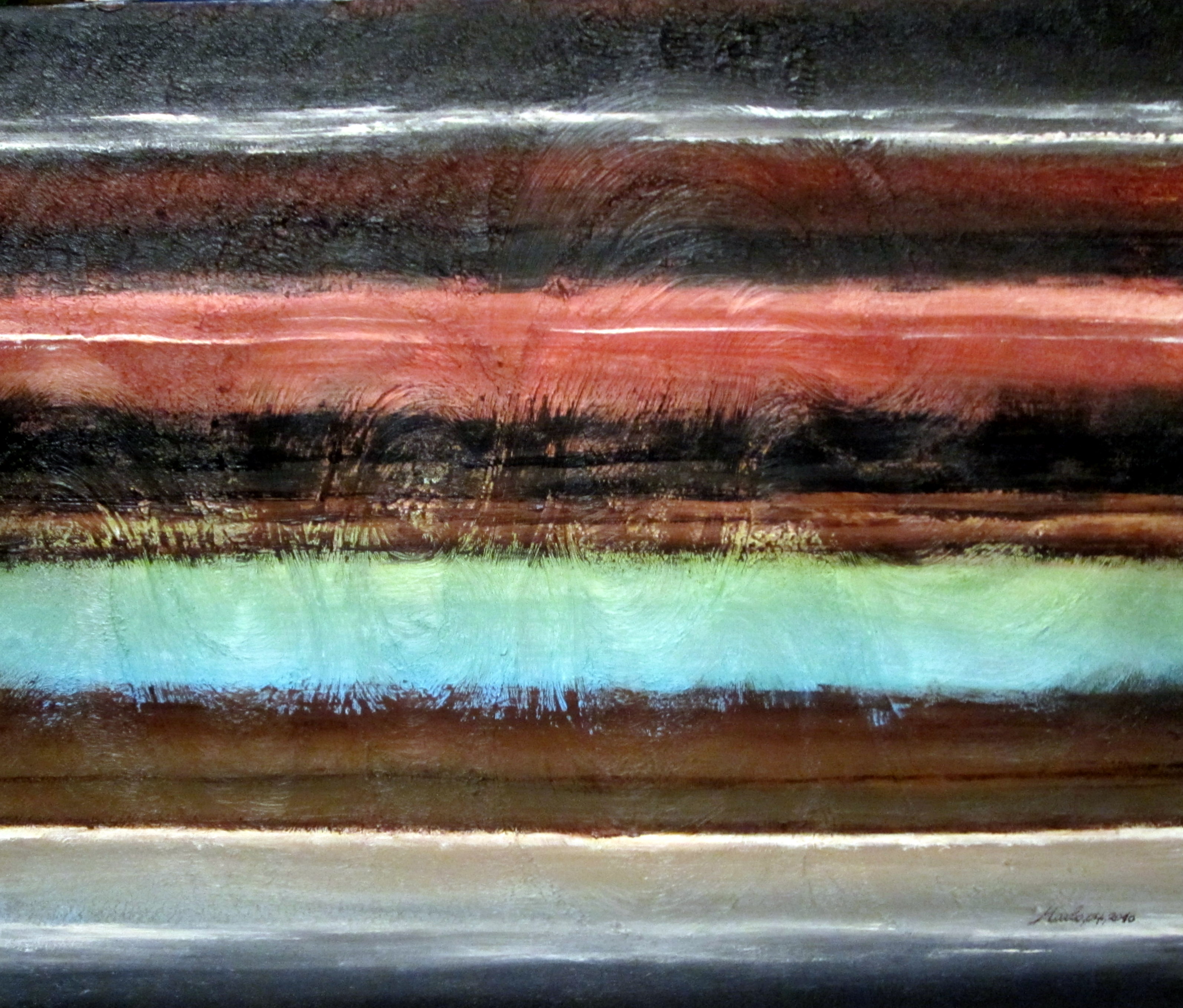 Horizons La riviere, acrylique sur toile 60/50cm fond granulé avec des vagues comme celles d\'une rivière VENDU